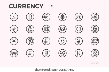 Crypto Currency Icons. Bitcoin, Etherium, Litecoin and other symbols. Not editable stroke. 48x48. Pixel perfect.