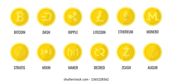 Crypto currency icons coin. Set of digital money for apps, websites or logo. Dash, Bitcon, Litecoin, Ripple, Ethereum, Monero, Zcash, Augur, Mixin, Stratis, Maker, Decred. Vector illustration.