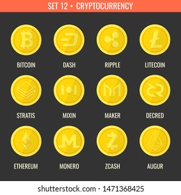 Crypto currency icons coin. Set of digital money for apps, websites or logo. Dash, Bitcon, Litecoin, Ripple, Ethereum, Monero, Zcash, Augur, Mixin, Stratis, Maker, Decred. Vector illustration.