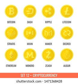 Crypto currency icons coin. Set of digital money for apps, websites or logo. Dash, Bitcon, Litecoin, Ripple, Ethereum, Monero, Zcash, Augur, Mixin, Stratis, Maker, Decred. Vector illustration.