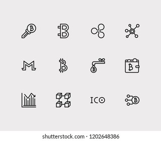 Crypto currency icons set. Coin faucet and crypto currency icons with wallet, node and ripple. Set of database for web app logo UI design.