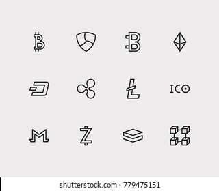 Crypto currency icons set with ico token, litecoin and digital money. Set of crypto currency icons also including digital money sign for your web app logo UI design.