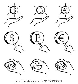 Crypto currency icons set in outline style isolated on white background. Virtual coin on hand. Hand holds a coin. The hand points to the coin. Vector illustration of bitcoin, dollar and euro