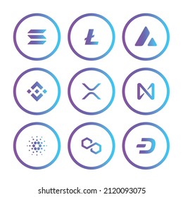 Crypto currency icons set. Solana, Litecoin, Avalanche, BNB, XRP,  NEAR Protocol, Cardano, Polygon, Dash coins icons set. Flat Vector illustration - Vector