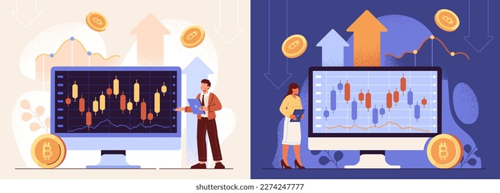 Crypto currency investing. Man and woman entrepreneurs trade bitcoins at stock market. Financial analysis for profit. Currency exchange and money management. Cartoon flat vector illustration set