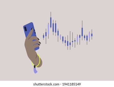 A crypto currency investment concept, a hand holding a mobile phone, banking