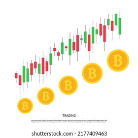 Crypto currency investment. Graph of trading. Increase and growth bitcoin. Candle chart for trade. Analysis of revenue, price and market. Coin with green and red candlestick. Vector.