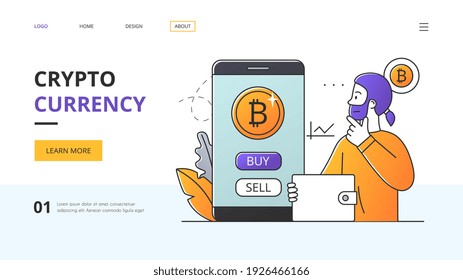 Crypto Currency investment website design and information centre with a man looking at an app interface on a mobile device and copyspace, vector illustration. Website, web page, landing page template