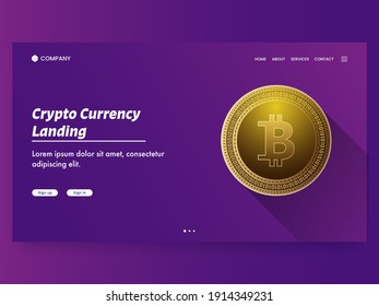 Crypto Currency Landing Page With Golden Bitcoin On Purple Background.