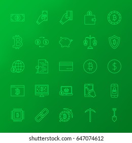Crypto Currency Line Icons. Vector Set of Outline Bitcoin Items over Blurred Background.