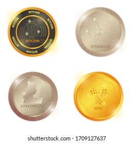 Logo de la moneda criptográfica oro, plata, moneda de bronce: IOTA, Bytecoin, Litecoin, Ethereum, Bitcoin. Juego de vectores de monedas de oro, plata, criptografía de bronce.