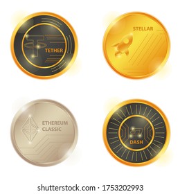 Logo de la moneda criptográfica oro, plata, moneda de bronce: Tether, Stellar, Etherium, Dash, Bitcoin