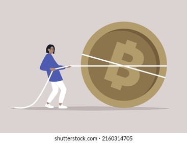 A crypto currency market: a young character pulling a giant golden bitcoin, a tug of war in business, a fundraising campaign