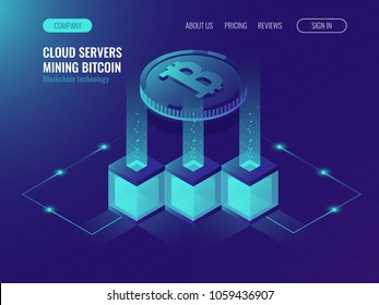 Crypto currency mining comcept, block chain technolofy, token system networking, server room rack ultraviolet isometric vector illustration