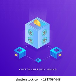 Crypto Currency Mining Concept With 3D Render Dollar Coin Server Connected Bitcoin Big Server On Violet Background.