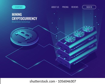 Crypto Currency Mining Farm Server. 
 Blockchain Isometric, Big Data Processing, Server Room Rack, Data Center, Mainframe Isometric Vector Ultraviolet