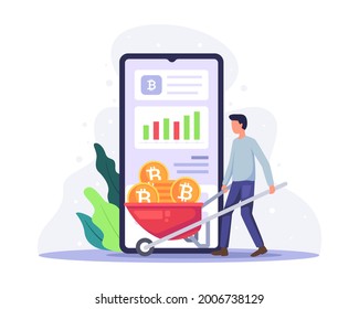 Ilustración de minería de divisa criptográfica. Concepto de criptodivisa con minero y monedas, Bitcoin y tecnología blockchain. Inversión digital en moneda y comercio. Ilustración vectorial en un estilo plano