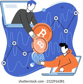 Crypto currency mining illustration. Cryptocurrency concept with miners and coins. Young men with laptops working in bitcoin mine. Blockchain transaction technology concept, virtual money market
