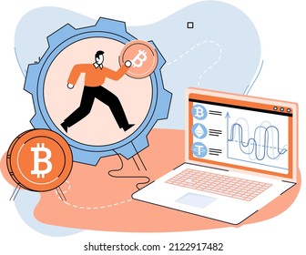 Crypto currency mining illustration. Cryptocurrency concept with miner and coins. Young man with laptop working in bitcoin mine. Blockchain transaction technology concept, virtual money market