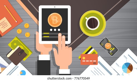 Crypto Currency Network Concept Business Man Hand Holding Digital Tablet With Bitcoin Mining Top Angle View Flat Vector Illustration