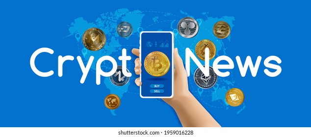 Crypto Currency News banner. 3d hand holding smartphone with Golden Bitcoin at display Over World Map. Digital virtual Web Money financial market Concept with various crypto coins. Vector Illustration