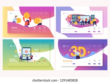 Crypto Currency Online Banking Landing Page Set. 3d Print Online Technology. Currency Exchange Virtual Blockchain Transaction Concept for Website or Web Page. Flat Cartoon Vector Illustration