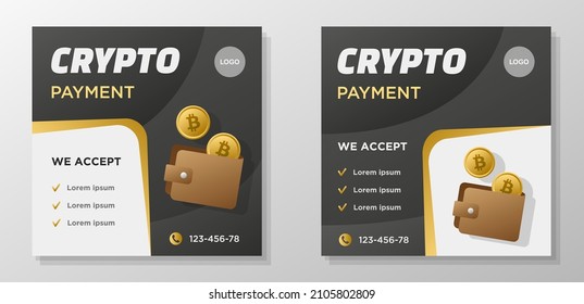 Crypto Currency Payment Social Media Post Set, Bitcoin Wallet Banner Advertisement Concept, Digital E-wallet Abstract Square Ad, Blockchain Exchange Flyer Leaflet Concept, Isolated.