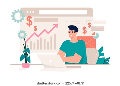 Crypto currency pink concept with people scene in the flat cartoon style. Man deals with cryptocurrency and earns money from it. Vector illustration.