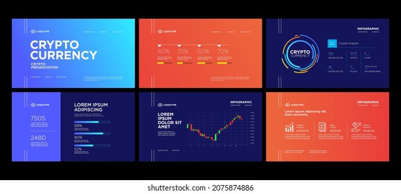 Diseño de plantilla de presentación de moneda criptográfica. Plantilla gráfica de información fácil de editar. Cadena de bloques, análisis de mercado de monedas criptográficas, crecimiento, elementos de gráfico