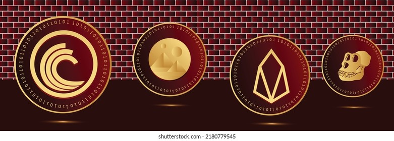 crypto currency set, gold currency vector illustration block chain logo isolated on red background on gold coin, currency, Bittorrent, EOS, Decentralized mana, Apecoin,  digital currency counter icon svg