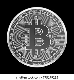 Crypto currency silver coin with silver bitcoin symbol on obverse isolated on black background. Vector illustration. Use for logos, print products, page and web decor or other design.