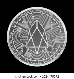 Crypto currency silver coin with silver eos symbol on obverse isolated on black background. Vector illustration. Use for logos, print products, page and web decor or other design.