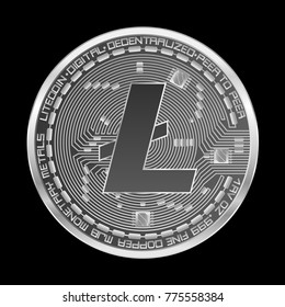 Crypto currency silver coin with silver litecoin symbol on obverse isolated on black background. Vector illustration. Use for logos, print products, page and web decor or other design.