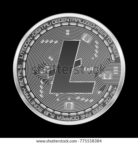 Crypto currency silver coin with silver litecoin symbol on obverse isolated on black background. Vector illustration. Use for logos, print products, page and web decor or other design.
