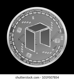 Crypto currency silver coin with silver neo symbol on obverse isolated on black background. Vector illustration. Use for logos, print products, page and web decor or other design.