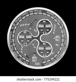 Crypto currency silver coin with silver ripple symbol on obverse isolated on black background. Vector illustration. Use for logos, print products, page and web decor or other design.