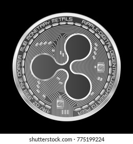 Crypto currency silver coin with silver ripple symbol on obverse isolated on black background. Vector illustration. Use for logos, print products, page and web decor or other design.