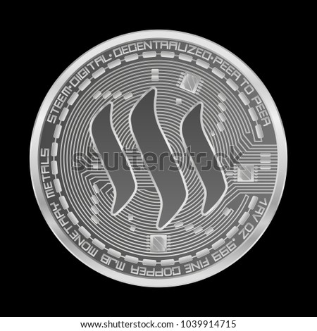 Crypto currency silver coin with silver steem symbol on obverse isolated on black background. Vector illustration. Use for logos, print products, page and web decor or other design.