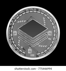 Crypto currency silver coin with silver stratis symbol on obverse isolated on black background. Vector illustration. Use for logos, print products, page and web decor or other design.
