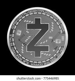 Crypto currency silver coin with silver zcash symbol on obverse isolated on black background. Vector illustration. Use for logos, print products, page and web decor or other design.