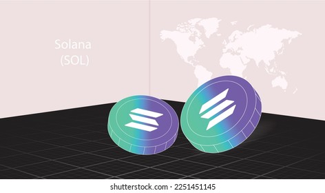 Kryptowährung Solana (SOL. Modern World erforscht Blockchain, Digital Geldbörse, Global Technology Network Connection Banner.