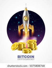 Crypto currency start up, stacks of golden coins with bitcoin sign and rocket launch 3d vector illustration