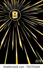Crypto Currency Symbol. Digital technology. Bitcoin Sign for Internet Money. Black and Golden Pattern with Radial Stripes. Abstract Explosion. Vector Illustration