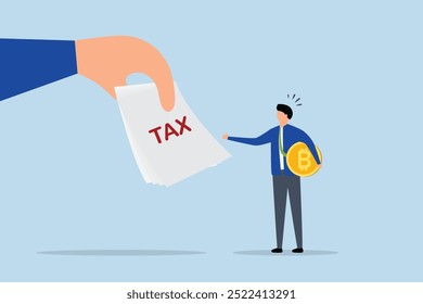 Crypto currency tax, Businessman investor holding bitcoin caught off guard by government issuing tax bill.