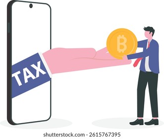 Crypto currency tax. businessman investor holding bitcoin surprised by government hand issue tax bill.

