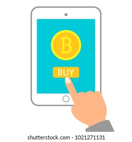 Crypto Currency Technology Bitcoin Exchange Concept Hand Holding Digital Tablet Buy Modern Web Money Bit Coins Vector Illustration