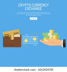 Crypto Currency Technology Concept. Cryptocurrency Bitcoin Exchange from personal wallet to cash. Isolated vector illustration