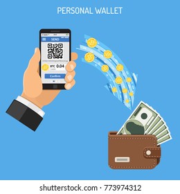 Crypto currency technology concept. Hand holds mobile phone with cryptocurrency bitcoin for trading, buying, selling, mining bitcoins and transfer to personal wallet. Isolated vector illustration