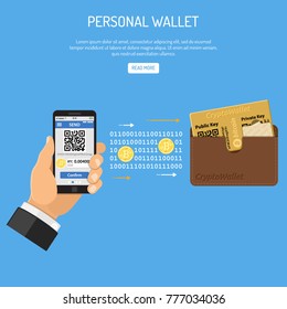 Crypto currency technology concept. Hand holds mobile phone with cryptocurrency bitcoin for trading, buying, selling, mining bitcoins and transfer to personal wallet. Isolated vector illustration.
