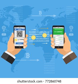 Crypto currency technology concept. Hands holds mobile phones with cryptocurrency bitcoin for trading, buying, selling, mining and transfer bitcoins. Vector illustration